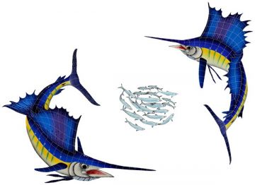 Artistry In Mosaics Sailfish Group (1 Left 1 Right 1 Free Bait Ball) Porcelain Pool Design 66" x 92"