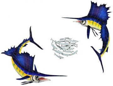 Artistry In Mosaics Sailfish Group (1 Left 1 Right 1 Free Bait Ball) Porcelain Pool Design 36" x 49"