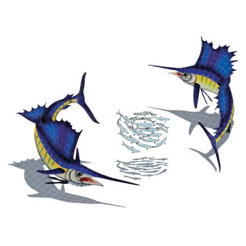 Artistry In Mosaics Sailfish Group with Shadow (1 Left 1 Right 1 Free Bait Ball) Porcelain 41" x 50"