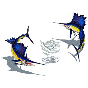 Artistry In Mosaics Sailfish Group with Shadow (1 Left 1 Right 1 Free Bait Ball) Porcelain 74" x 95"