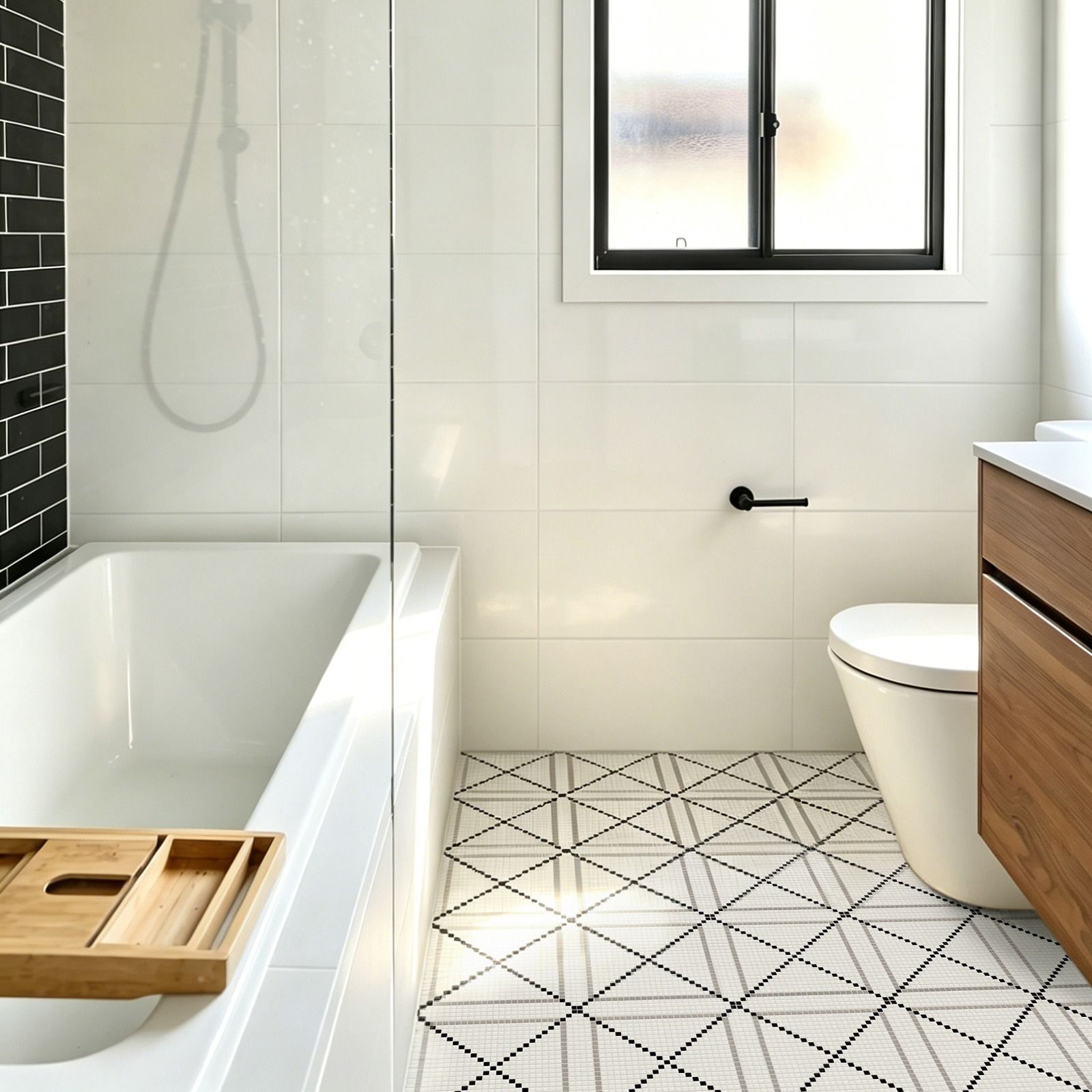 Avora Calvin Bond recycled glass mosaic bathroom floor with a black and white diamond pattern