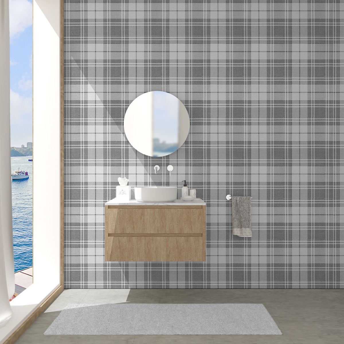 Avora Highland Bristol plaid recycled glass mosaic feature wall behind a floating vanity
