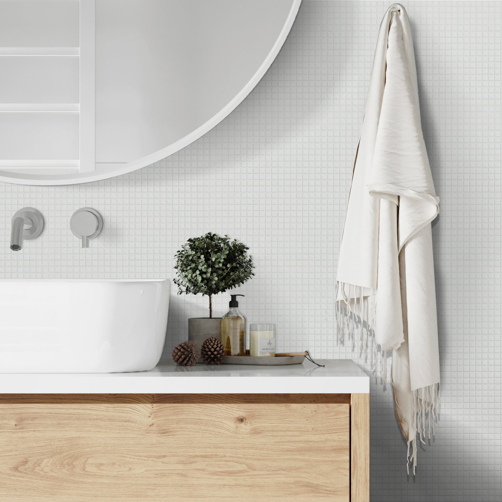Avora Solid Squares 3/8 inch matte recycled glass mosaic wall behind a bathroom vanity