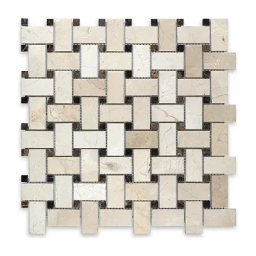 Crema Marfil Polished Marble Basketweave with Brown Dot Mosaic