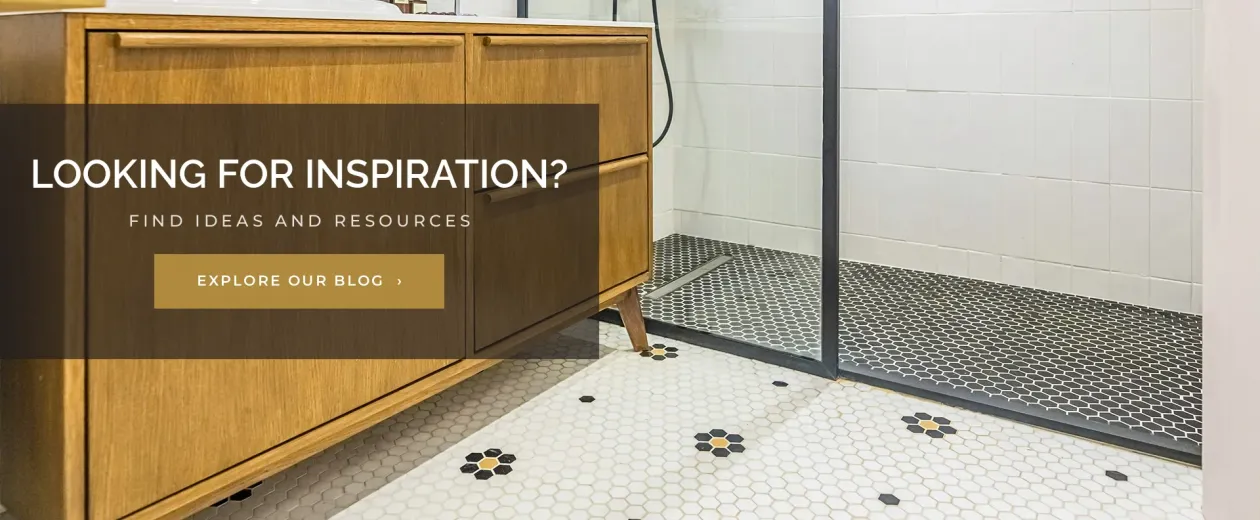 Looking for inspiration? White hex mosaic bathroom floor with black and gold flower accents